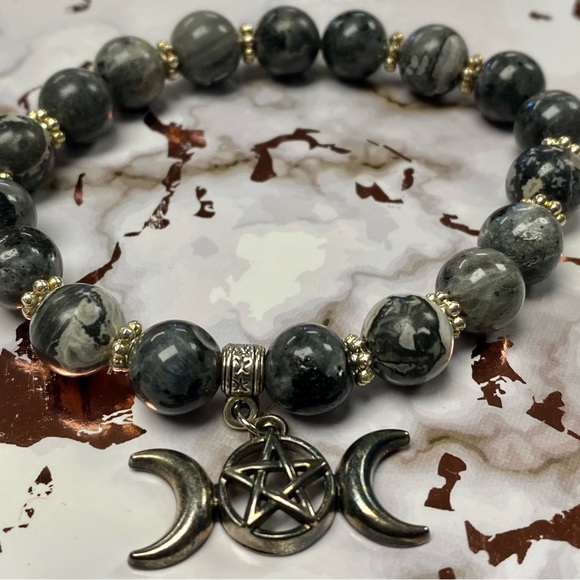 Triple Moon Goddess Mapstone Jasper Bracelet - Picture 2 of 2